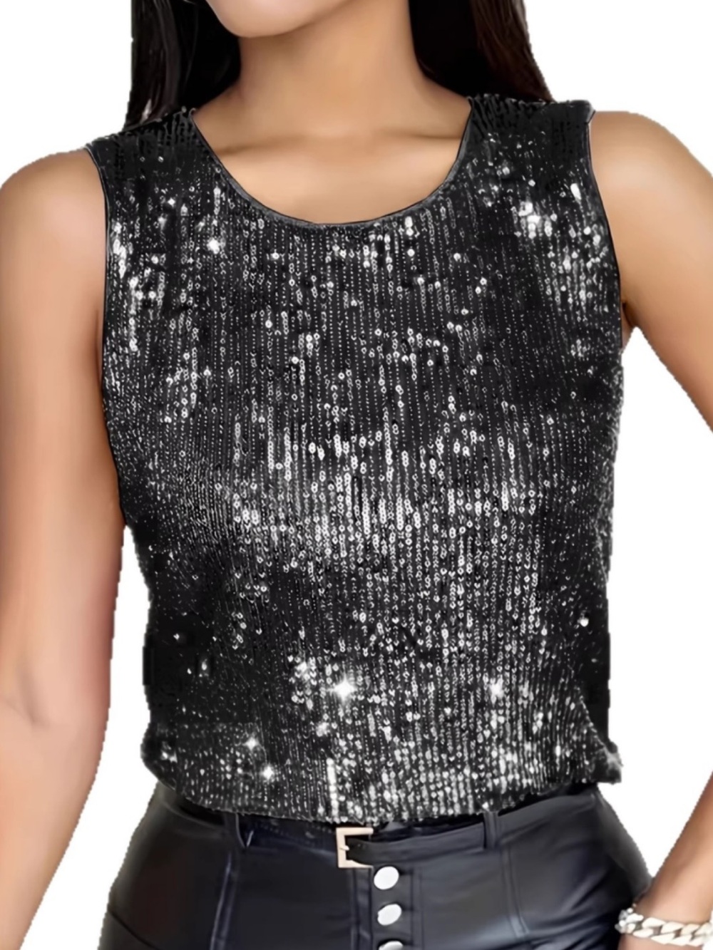 Y2K Silk Black Sequin Sleeveless Tank Top - Women